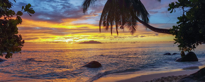 Scenic view of beach against sky during sunset