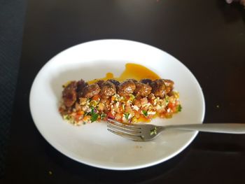 High angle view of food in plate on table