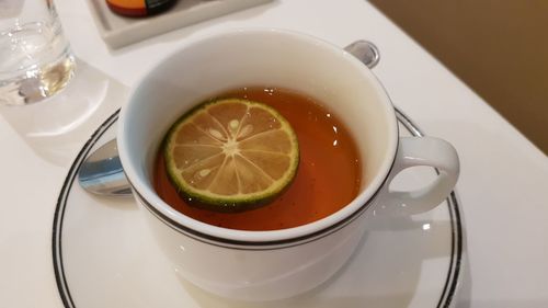 Close-up of tea cup on table