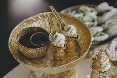 High angle view of shells on table