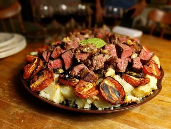 High angle view of food in plate on table