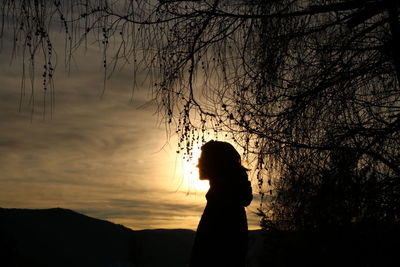 Silhouette woman standing by plants against sky during sunset