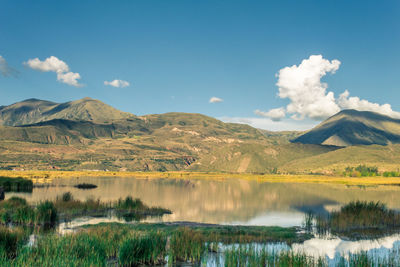 Scenic view of lake and mountains against sky