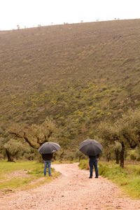 Rear view of people walking on field