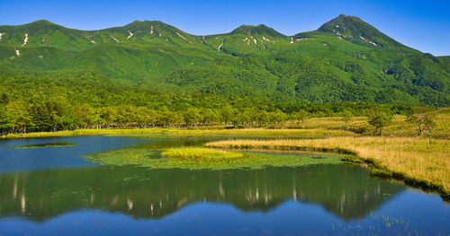 Scenic view of lake and mountains against sky