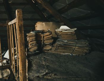 Close-up of old stack on table