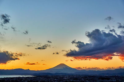 Scenic view of snowcapped mountains against sky during sunset