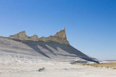 Scenic view of desert against clear blue sky