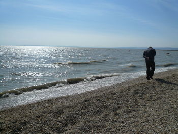 Rear view of man walking on shore at beach against sky