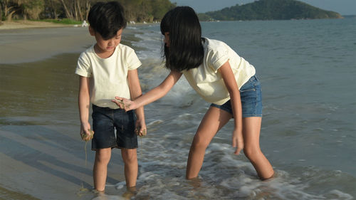 Rear view of friends enjoying in water at shore