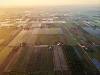 High angle view of agricultural field against sky