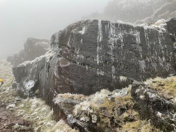 Rock formations on landscape against mountain range