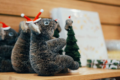 Close-up of koala toys on table during christmas