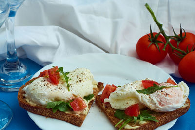 High angle view of breakfast served on table