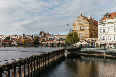Bridge over river against buildings in city