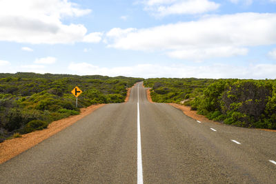 Empty road along plants and trees against sky