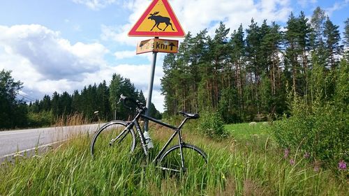 Road sign by trees against sky