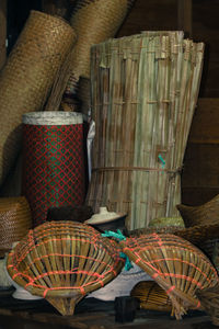 Multi colored wicker basket on table