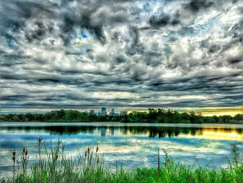 Scenic view of lake against cloudy sky