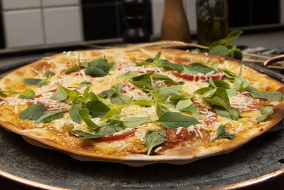 Brazilian pizza with pepperoni, cheese  arugula, top view