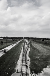 High angle view of railroad tracks on birkenau against sky