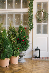 Winter rustic interior decorated for new year with christmas trees. winter exterior of country house