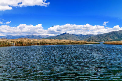 Scenic view of lake against blue sky