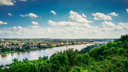 Scenic view of river by trees against sky