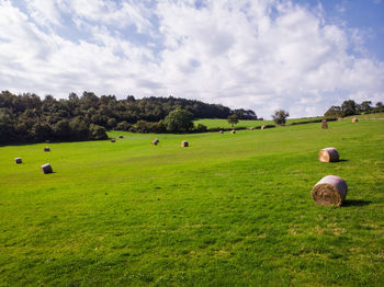 Hay bales on field against sky