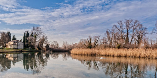 Reflection of trees in lake against sky