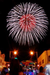 Low angle view of firework display at night