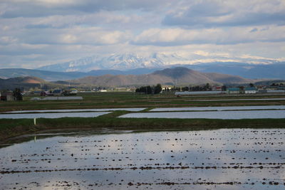 Scenic view of lake and mountains against sky