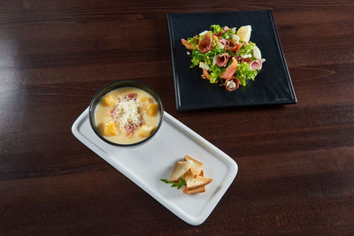 High angle view of food in plate on table