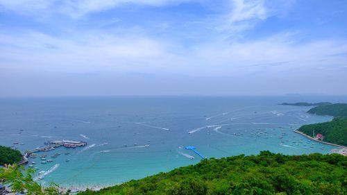 High angle view of bay against sky