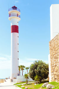 Low angle view of lighthouse against clear sky