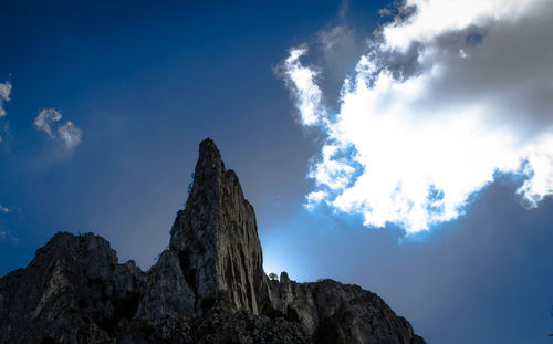 Low angle view of mountain against blue sky