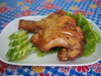 High angle view of food in plate on table