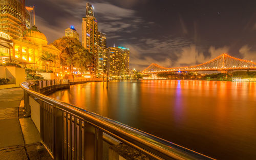 Illuminated bridge over river at night