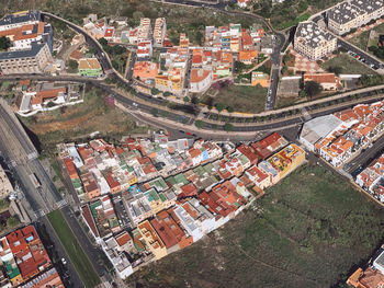 High angle view of buildings in city