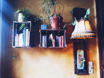 Close-up of objects hanging on shelf