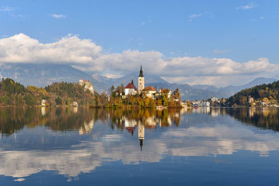 Panoramic view of lake by temple against sky