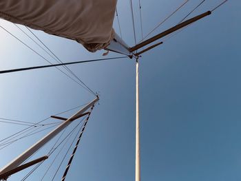 Low angle view of sailboat against clear sky