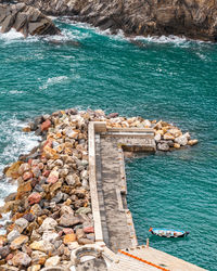 High angle view of rocks on sea shore