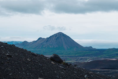 Panoramic view of volcanic landscape against sky