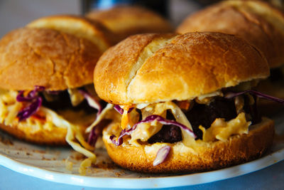 Close-up of burger in plate.