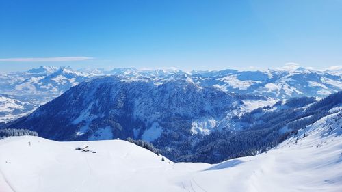 Aerial view of snowcapped mountains against blue sky during sunny day