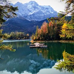 Scenic view of lake by trees and mountains