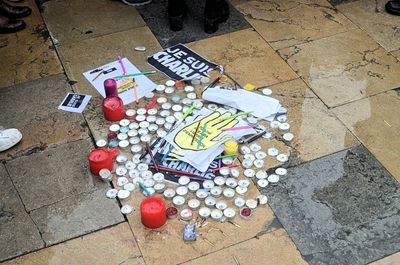 High angle view of candies on street