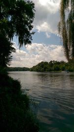 Scenic view of lake against cloudy sky