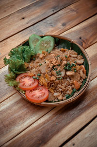 High angle view of food in bowl on table